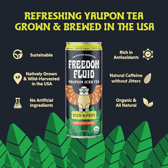 Freedom Fluid Organic Yaupon Iced Tea – Refreshing Lemon | Lightly Sweetened, Low Sugar, Low Calories, Real Brewed Tea, Clean Ingredients, Antioxidant Rich, Natural Caffeine, 12 Pack (12 oz cans)