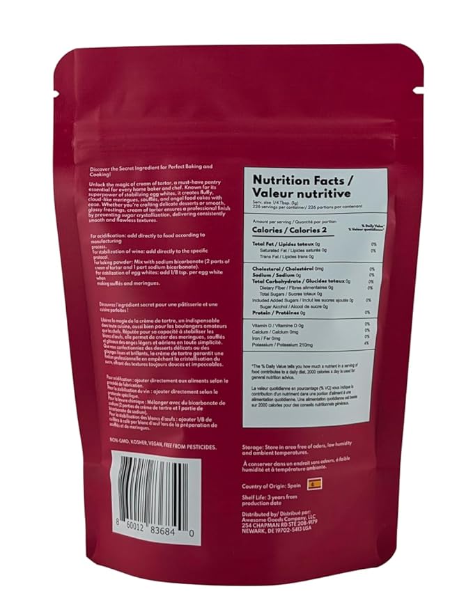 AROMACRAVE Cream of Tartar Powder, High-Purity Potassium Bitartrate for Baking & Cooking, Stabilizes Egg Whites, Prevents Sugar Crystallization, Leavening Agent for Fluffy Baked Goods (8 Ounce)