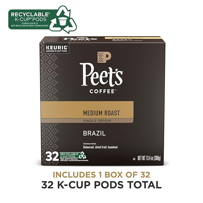 Peet's Coffee, Medium Roast Keurig K-Cup Pods - Single Origin Brazil 32 Count (1 Box of 32 K-Cup Pods)