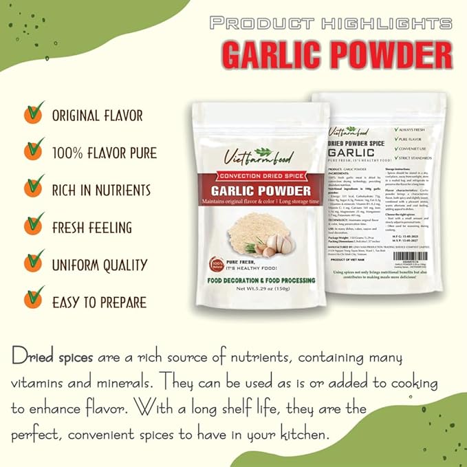 GARLIC POWDER 5.29 Oz (150g) VIETFARMFOOD: Natural pure, convection dried seasoning made from real vegetables - perfect for adding flavor to any meal, from cooking, baking, salads, soups, sauces