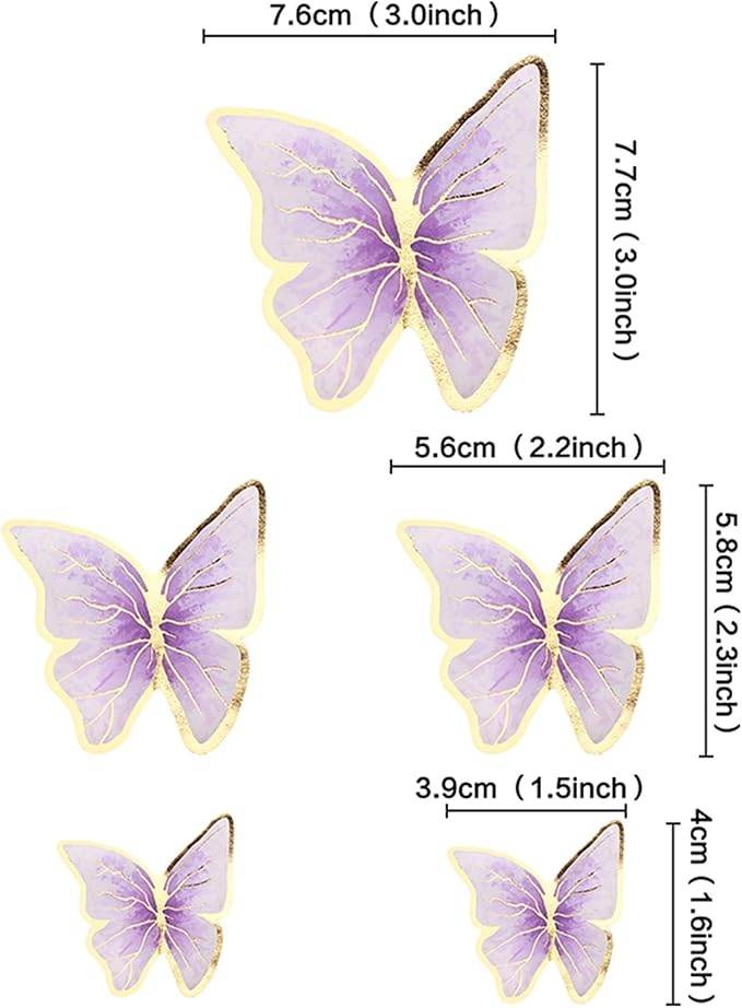 30PCS Butterfly Cake Toppers 3D Purple Gold Butterfly Cupcake Toppers Birthday Party Cake Decorations Supplies for Anniversary Wedding Party Baby Shower Wall Decor
