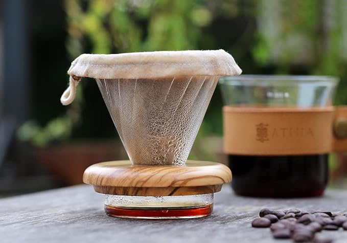 THIA Glass Pour Over Coffee Dripper Set, Glass Cone Dripper, Reusable Cloth Filter, Leather Cup Sleeve, Minimal Single Cup on the Go (Walnut Wood)