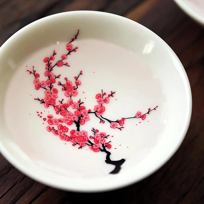 Magic Sakura Cherry Blossom Sake Cup - 2023 New Ceramic Sake Cold/Hot Temperature Color Changing Cup Glasses, Japanese Tea Wine Soju Sake Cup Glasses Set, Magical Blooming Sake Cups (Plum- Cold&Hot)