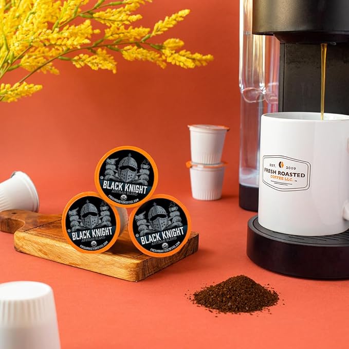 Fresh Roasted Coffee, Organic Black Knight | USDA Organic, Kosher | Dark Roast 72 Pods for K Cup Brewers