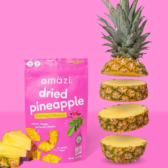 Am채zi Foods | Dried Pineapple - Moringa Hibiscus (6 Pack) | All Natural Snacks | No Sugar Added Dried Pineapple | Dehydrated Fruit