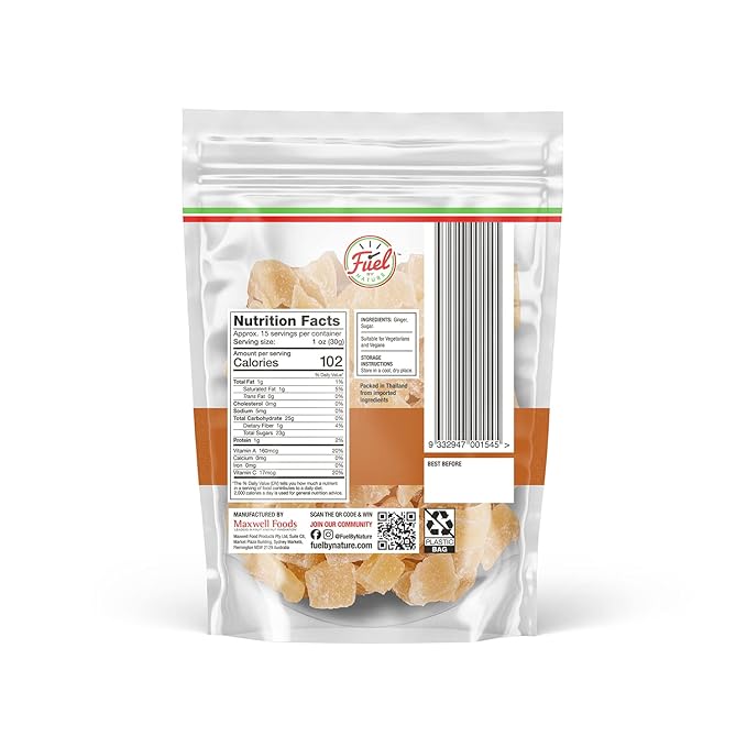 Fuel by Nature Dried & Crystallized Ginger Healthy Snack, High Energy Treats for Snacking, Bulk Dried Candied Ginger, 1lb