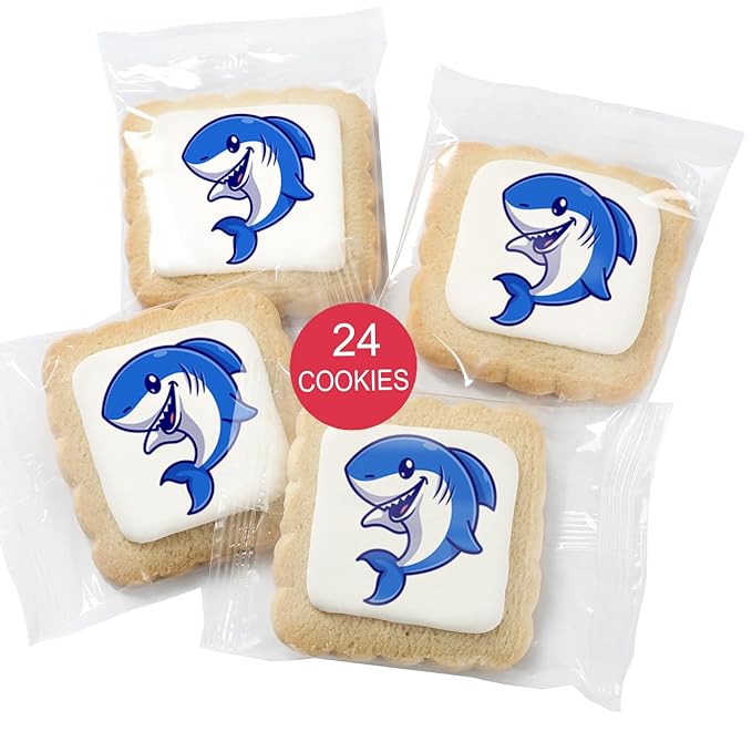 Shark Cookies Baby Theme Birthday | Individualy Wrapped Printed Cookies 24 Pack Bulk | Party Favors Under the Sea Blue