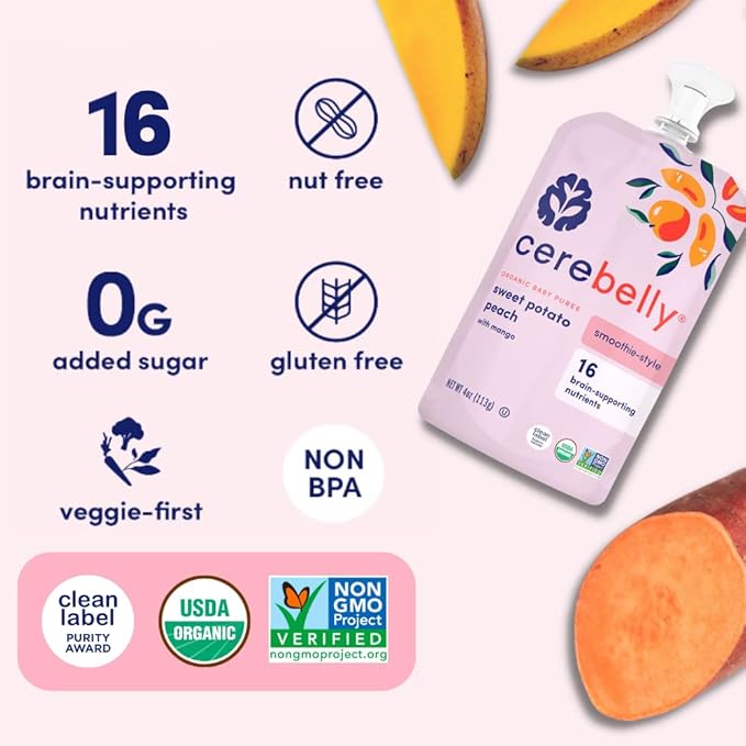 Cerebelly Organic Baby Food Pouches ??Dairy Free Smoothies for Toddlers | No Added Sugar, Fiber, Non-GMO | Toddler Smoothie Pouches | 4oz BPA-Free Baby Food | Sweet Potato Peach | 6 Count