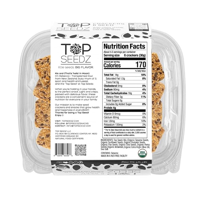 Top Seedz Certified Organic Gluten Free 6 Seed Crackers | 6-Pack | 5 Ounces | Healthy Vegan Crackers with Plant Based Protein | Made of Sunflower, Flax, Sesame and Pumpkin Seed