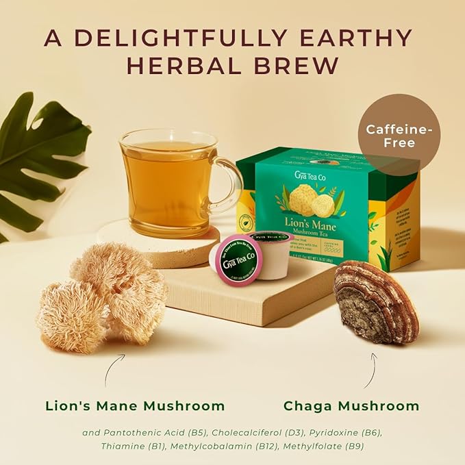 Gya Tea Co Lion's Mane Mushroom Tea Gift Set (16 ct) - Decaf Tea Pod for Nourish & Wellness
