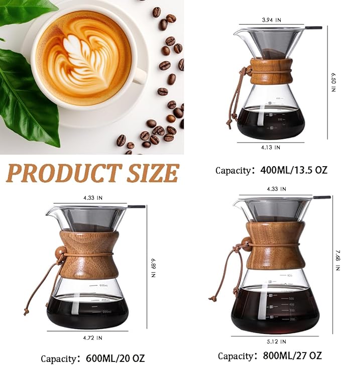 Pour Over Coffee Maker with Reusable Stainless Steel Drip Filter, Lead-Free Borosilicate Glass Coffee Carafe with Modern Wooden Collar for 1-6Cup, Circular Clear (800ml/27oz)