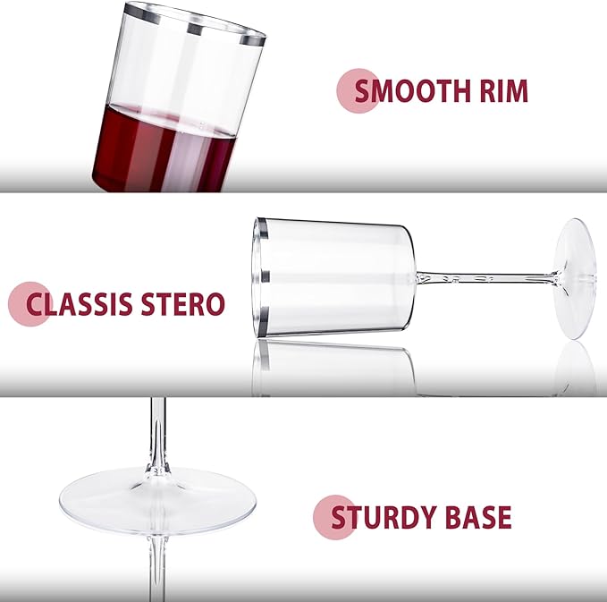 Ciaell 12 Pack Plastic Wine Glasses - 10 Oz Plastic Wine Glasses with Stem - Square Silver Disposable Stemmed Glass for Parties & Weddings & Outdoors