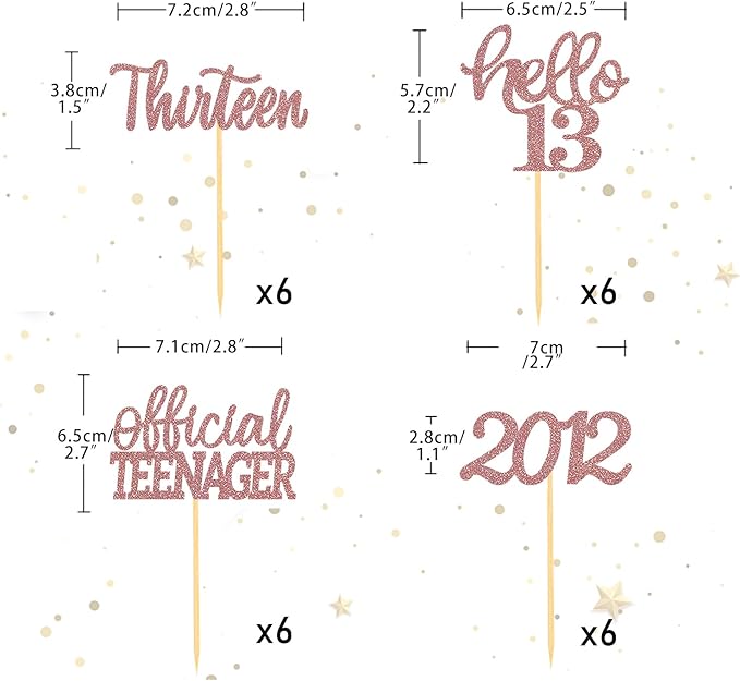 24Pcs Glitter 13th Birthday Cupcake Toppers, Hello 13th Birthday Cake Topper- 13th Birthday Decorations for Celebrating Official Teenager Thirteen Years Old Birthday Party Supplies (Rose Gold)