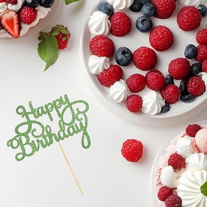 1 PCS Happy Birthday Cake Topper Glitter Anniversary Cake Picks Happy Birthday Cake Decorations for Baby Shower Celebrating Birthday Party Decorations Supplies Green