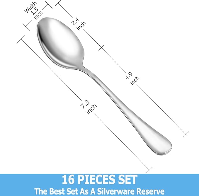 Dinner Spoon Set,16 Pcs 7.3" Tablespoons,Premium Food Grade 18/10 Stainless Steel Spoons,Durable Metal Spoons,Tablespoon,Silverware Spoons Only,Mirror Finish & Dishwasher Safe,Use for Home,Restaurant