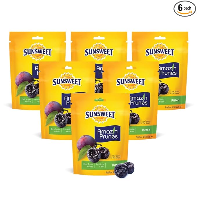 Sunsweet Amazin' Pitted Prunes - Dried Prunes Pitted Unsweetened - Gluten Free, Vegan, Low Fat - Fiber & Minerals - 8 oz Pouches x 6 Pack