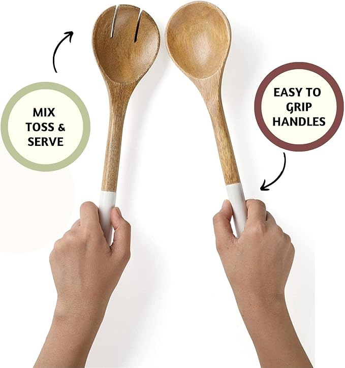 Folkulture Salad Servers or Salad Tongs, Wooden Utensils for Serving Salad, 12-inch Spoon and Fork Set, Mango Wood, White