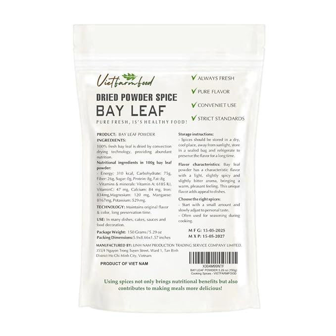 BAY LEAF POWDER 5.29 Oz (150g) VIETFARMFOOD: Pure, natural freeze-dried spice made from real vegetables and fruits - perfect for enhancing every meal, from cooking, baking, salads, soups, sauces