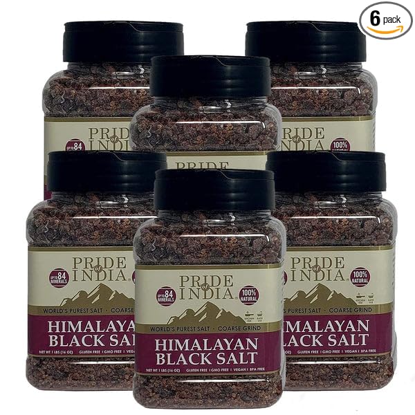 Pride Of India -PACK of 6 - Himalayan Black Salt - Coarse Grind, 1 Pound (16oz) Jar-Kala Namak - Contains 84+ Minerals -Use in grinders, restaurants & cooking - Perfect for Faux Egg Recipes Scramble