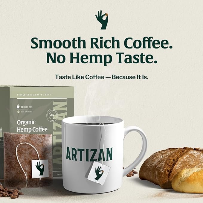 Artizan Organic Hemp Coffee Bags – Single Serve | Full City Plus Roast | 10 Count | Specialty Grade, Craft Roasted, Nitro-Sealed, Compostable