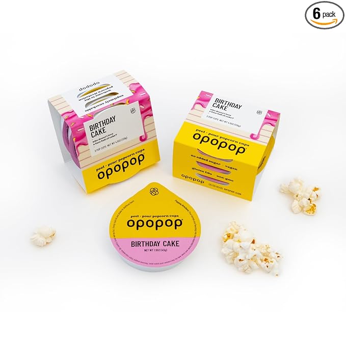 Opopop Microwave Popcorn - Pop Cups Birthday Cake 6-Pack, Non-GMO Gourmet Popcorn Kernels & Popcorn Flavoring, Gluten Free Snacks, Easy to Make and No Mess
