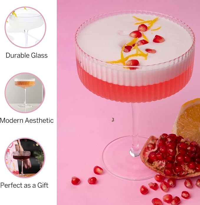 Khen Ribbed Vintage Art Deco Coupe Glasses - Martini, Champagne & Cocktail Ribbed Glasses 12oz | Cute Crystal Glassware Sets - Goblet Stemmed Ripple Glassware, Housewarming Glass Gifts, Clear 2 Piece