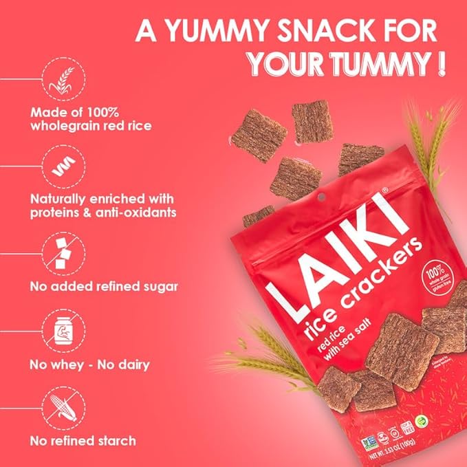 Rice Crackers - Gluten Free Snacks - Deliciously Light and Airy Crunch - Allergen-Friendly, Vegan, Non-GMO, FODMAP Friendly, Seed-Oil Free, Red Rice Sea Salt flavor - 3.53 Ounce Bag (Pack of 8)
