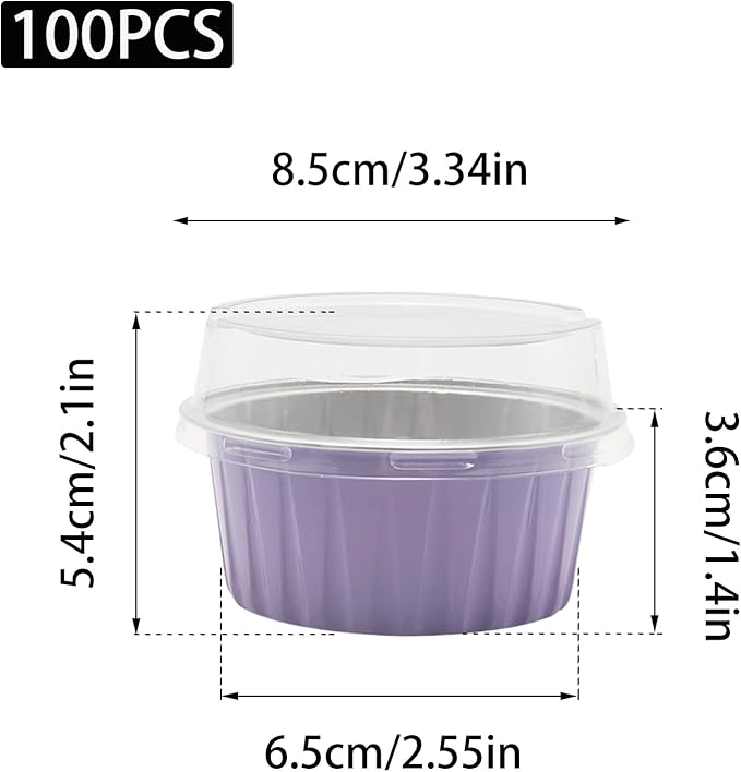 100 Pack 4.2oz Aluminum Cups with Lids Mini Flan Containers with Lids Cupcake Baking Cups, Purple