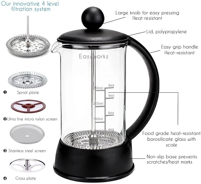 Easyworkz Eclipse French Press 12 oz Coffee Tea Maker with Borosilicate Glass