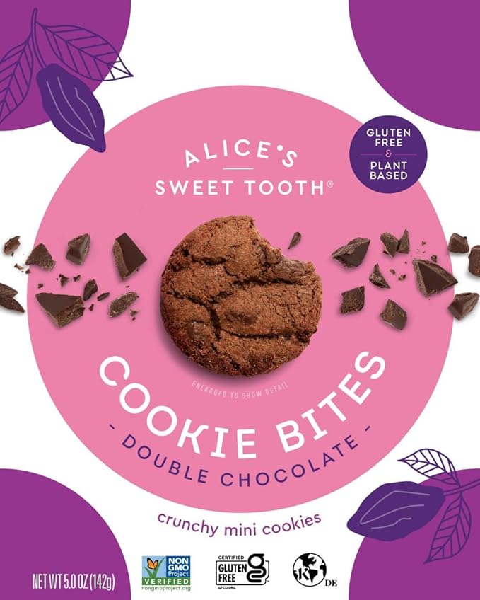 Alice's Sweet Tooth Double Chocolate Cookie Bites - Gluten-Free, Vegan, Crunchy Mini-Cookies - Plant-Based, Dairy-Free, Grain-Free, Soy-Free, Kosher ??5.0 ounces