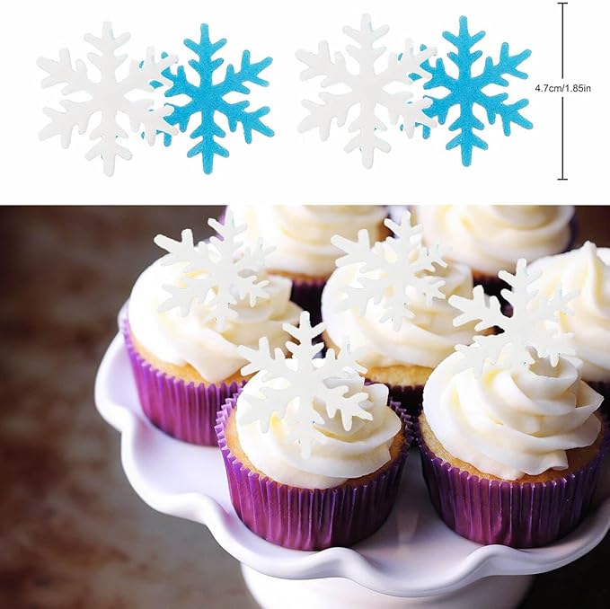50 Pcs Edible Snowflakes Cupcake Cake Toppers Christmas Winter Theme Party Decoration Supplies White and Blue