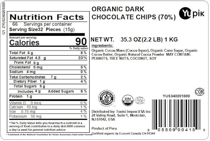 Yupik Organic Dark Chocolate Chips, 70% Cacao, 2.2 lb (35.2 oz), Gluten-Free, GMO-Free, Kosher, Vegan, Dairy-Free, Regular Size, Rich Dark Chocolate, Melts Smoothly, For Snacking, Baking & Topping