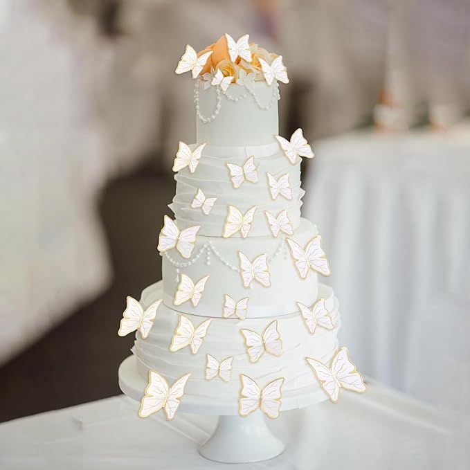 30PCS Butterfly Cake Toppers 3D Gold White Butterfly Cupcake Toppers Birthday Party Cake Decorations Supplies for Anniversary Wedding Party Baby Shower Wall Decor