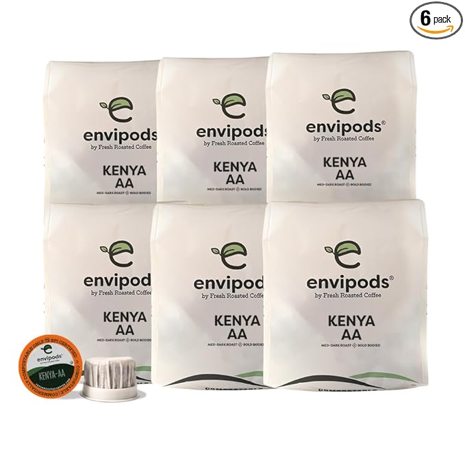 Fresh Roasted Coffee, Kenya-AA Compostable envipods, Medium-Dark Roast, Kosher, 72 Count,for Keurig K Cup Brewers | Not for use in Ninja or Hamilton Beach Brewers