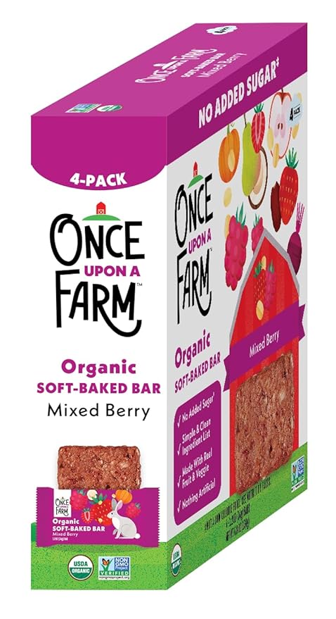 Once Upon a Farm | Organic Mixed Berry Soft Baked Bar | Strawberry, Raspberry, Beet & Oats | Made with Real Fruit & Veggies | No Added Sugar | 8 Boxes