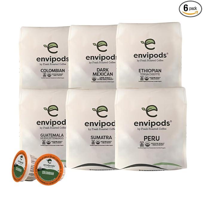 Fresh Roasted Coffee, Organic Single Origin envipods Variety Pack | BPI Compostable, USDA Organic, Kosher | 72 Count for K Cup Brewers | Not for use in Ninja or Hamilton Beach Brewers
