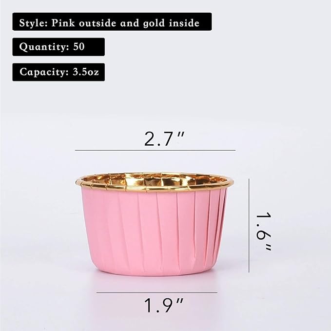 Party Hippo Foil Muffin Liners, 3.5 Oz 50 Pcs Disposable Cupcake Baking Cups, Gold Aluminum Ramekin Holders, Little Baking Cups (Pink)