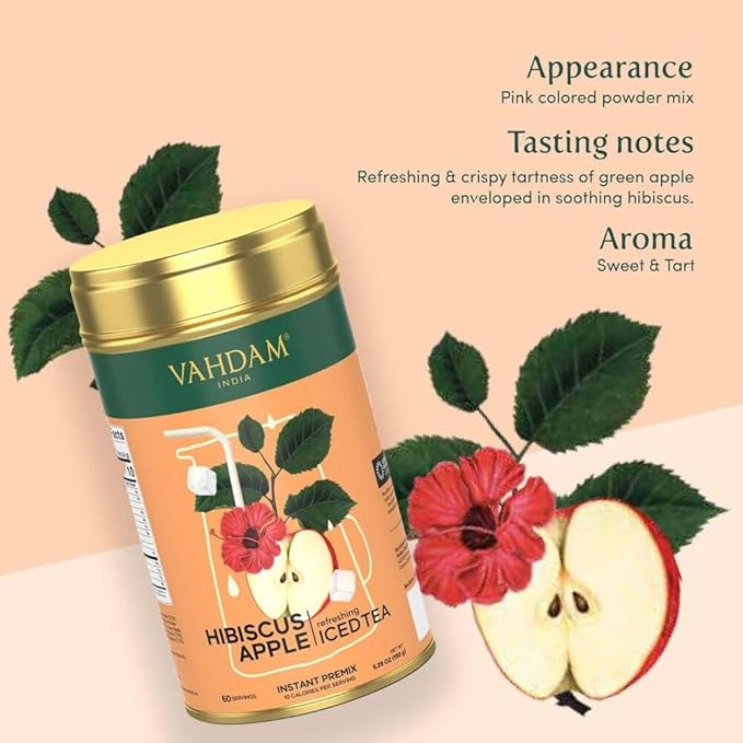 Hibiscus Apple Iced Tea Instant Premix (60 Servings/12 Quarts) Lightly Sweetened Iced Tea | Tarty Hibiscus & Sweet Apple | Best for Mocktails & Cocktails | Packed in Tin Caddy, 150g/5.29oz | VAHDAM