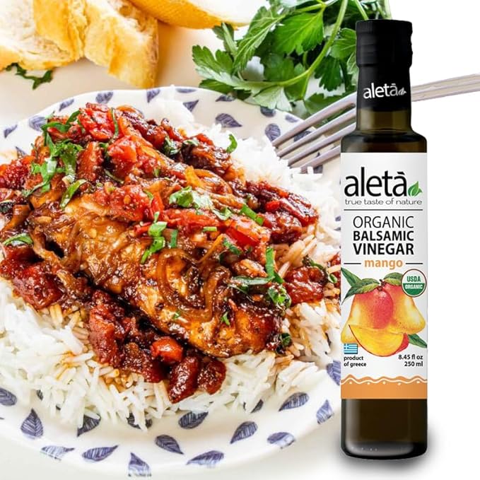 Aleta Farms Balsamic Vinegar, Mango Infused Organic Balsamic Vinegar, Aged, Flavored, USDA Organic, Glass Bottle, Product of Greece, 8.45 oz (Mango)