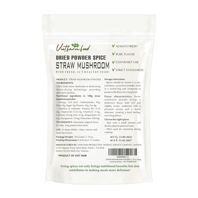 STRAW MUSHROOM POWDER 1.76 Oz (50g) VIETFARMFOOD: Pure, natural freeze-dried spice made from real vegetables and fruits - perfect for enhancing every meal, from cooking, baking, salads, soups, sauces