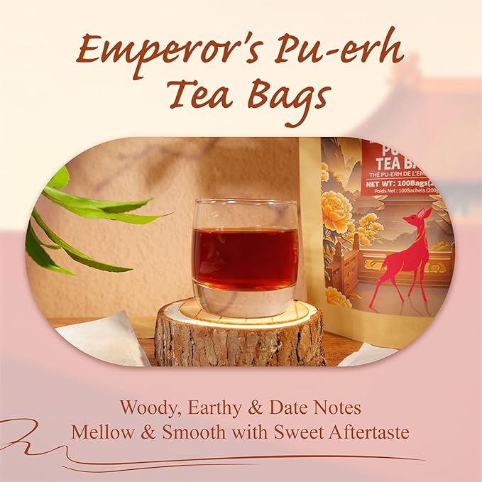 WT WEETEE Emperor's Pu-erh Tea Bags 100 Count, Aged Fermented Yunnan Dark Tea, Mellow & Smooth, Caffeinated