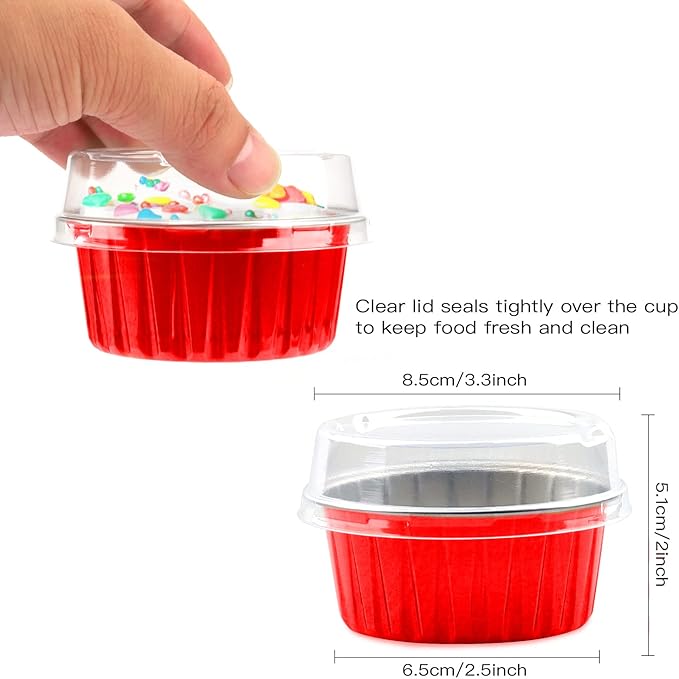 Lainrrew 50 Pack Red Aluminum Foil Baking Cups with Lids, Disposable, Everyday Baking, Birthday, Wedding, Christmas