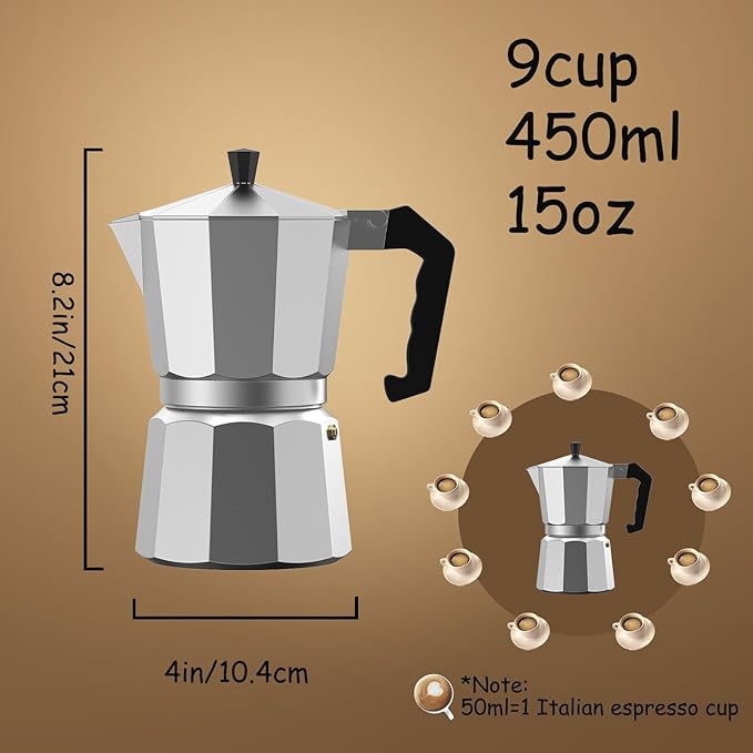 Moonlit Aluminum Stovetop Espresso Maker Classic Elegant Moka Pot Italian-Style Home Coffee Brewing Essential (9cup)