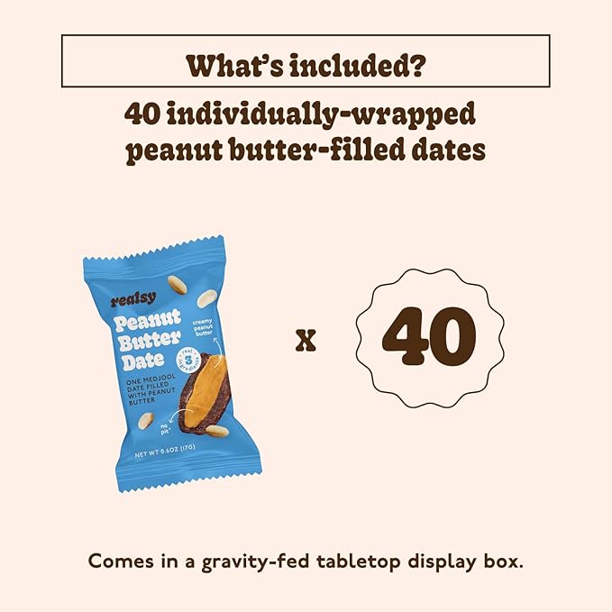 Realsy Filled Medjool Dates, Organic Dates with No Sugar Added, Gluten-Free, Vegan, All Natural Healthy Snack, Single Wrapped (40 ct) (Peanut Butter)