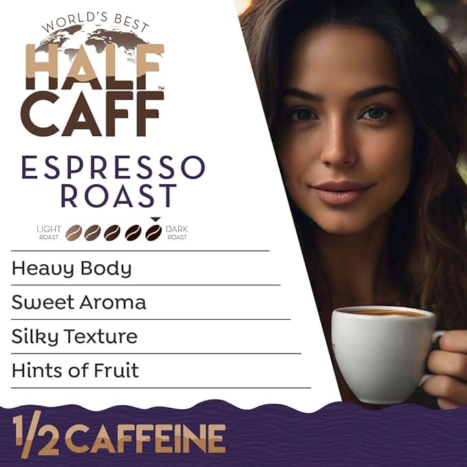 World's Best Half Caff Espresso Roast Coffee Pods, 18 ct, Dark Roast in Recyclable Single Serve Pods – 100% Arabica Coffee, Compatible with Keurig K Cups Maker
