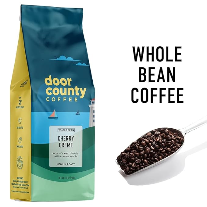 Door County Coffee Cherry Creme Flavored Whole Bean - Medium Roast - 10 oz Bag - 100% Specialty Grade 1 Arabica