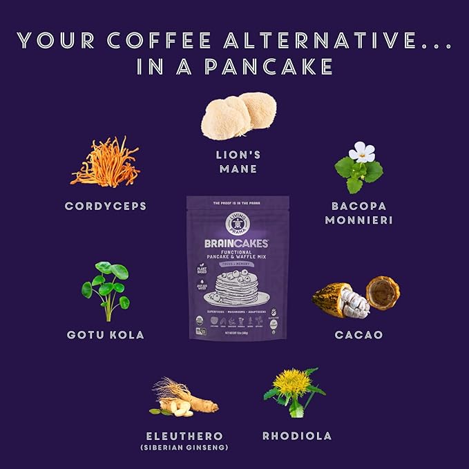 BrainCakes Superfood Organic Pancake & Waffle Mix Gluten Free | Memory, Focus & Stress Support | Just-Add-Water | By LIVING PRANA | 12oz