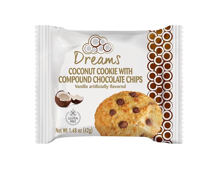 Coconut Cookie with Compound Chocolate Chips – Macaroons, Vegan Snacks, Gluten-Free, Protein and Nutrient Packed – DREAMS COCONUT – Pack of 4 (x 1.48oz/42g), 5.92oz/ 168g