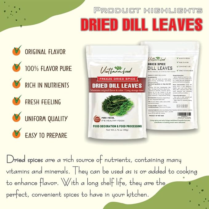 DRIED DILL LEAVES 1.76 Oz (50g) VIETFARMFOOD: Pure, natural freeze-dried spice made from real vegetables and fruits - perfect for enhancing every meal, from cooking, baking, salads, soups, sauces