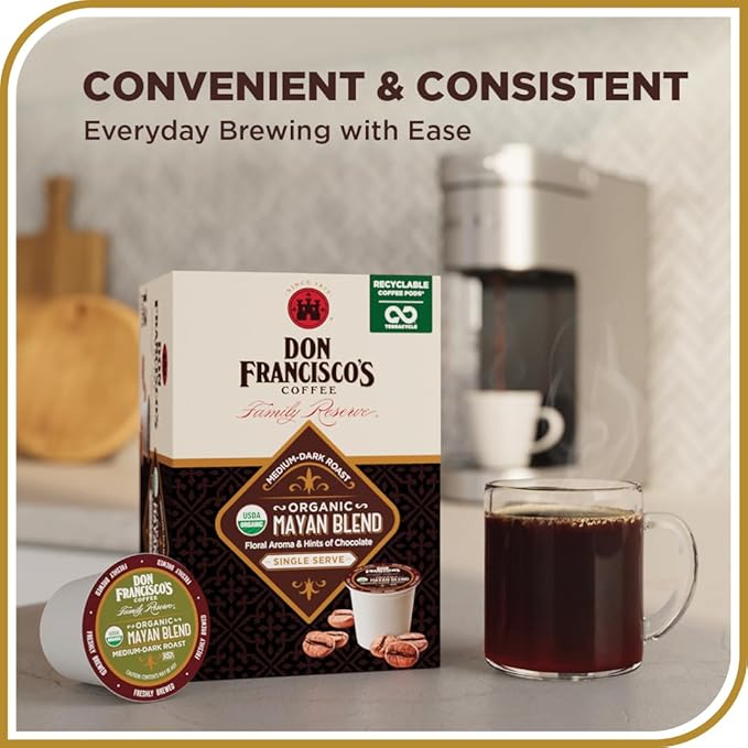 Don Francisco's Organic Mayan Blend Coffee - 100 K-Cup Compatible Single-Serve Pods - 100% Arabica - Bold Flavor with Floral Aroma and Chocolate Hints - Compatible with Keurig Brewers